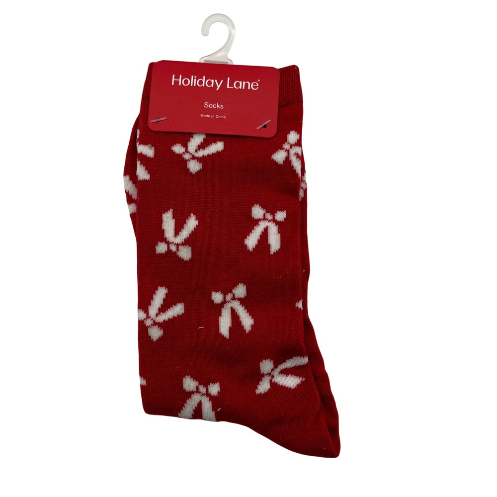 Holiday Lane Socks Womens‎ 9-11 Red White Bow Print Holiday Crew Socks NWT